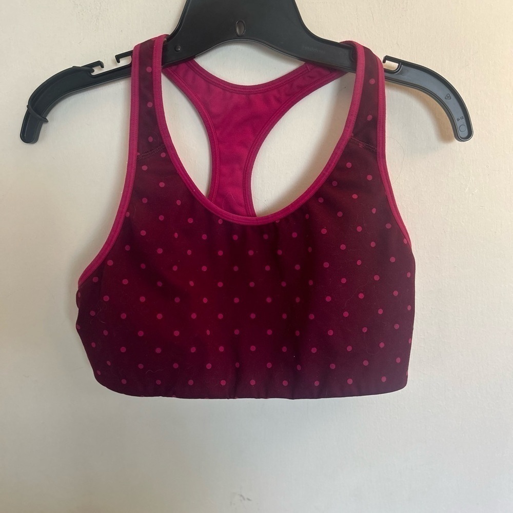 Old Navy active go dry, medium burgundy, pink polkadot, sports bra
